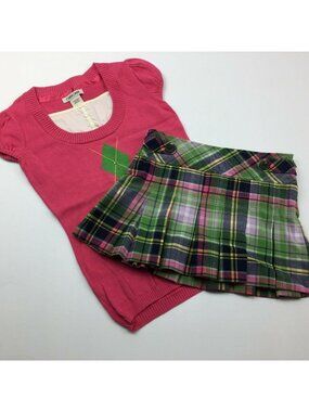 Cherokee Girl's Shirt Sweater Set Pink Green Argyle Plaid Size M 7 8 S 6 6X